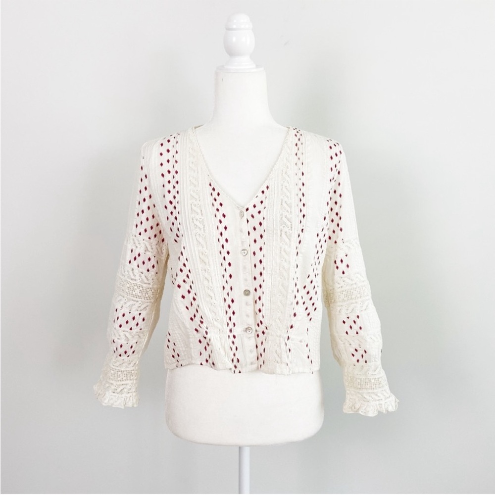 LoveShackFancy Cream Cotton Top with Subtle Red Print